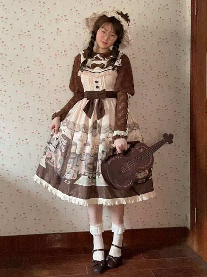 Sweet Creamy Little Print Bear Coffee Jumper Lolita House Skirt