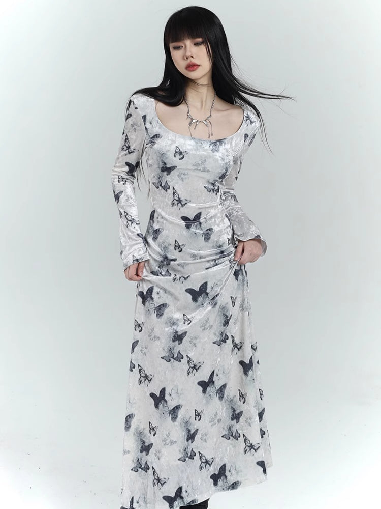 Robe moulante en velours blanc à imprimé papillon