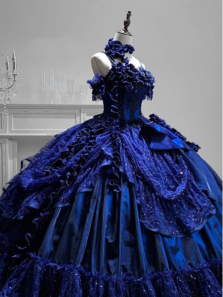 Starry Night Dark Blue Hanayome Roses Neckline Boned Bodice Floor Length Lolita Goth Dress Ball Gown