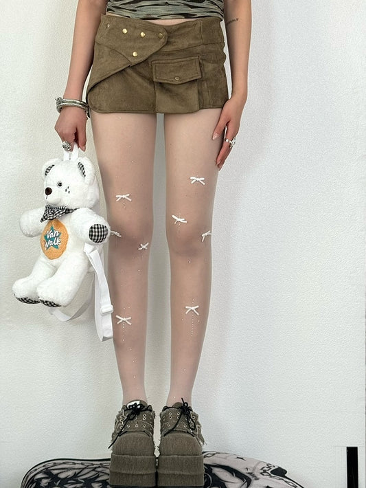 Rhinestone Decorated Bowknot Tights Details White/Purple/Pink