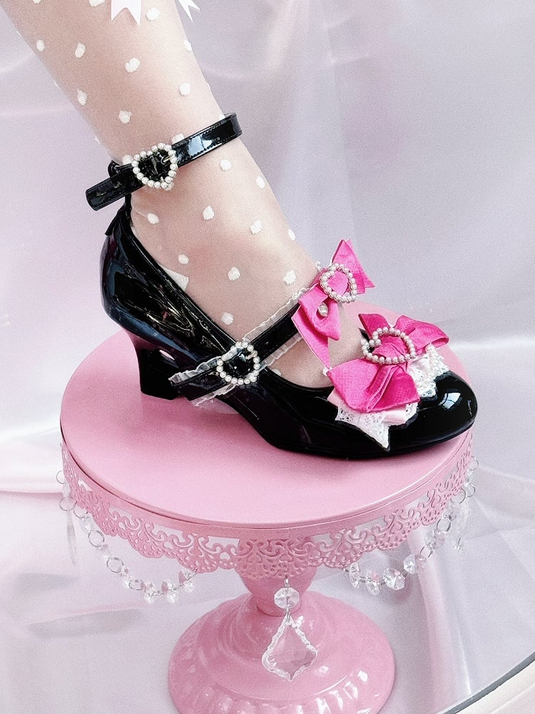 Kei Heels Janes and Shoes Pink Black Jirai Gyaru Heart Fashion Wedge Cut-out Mary