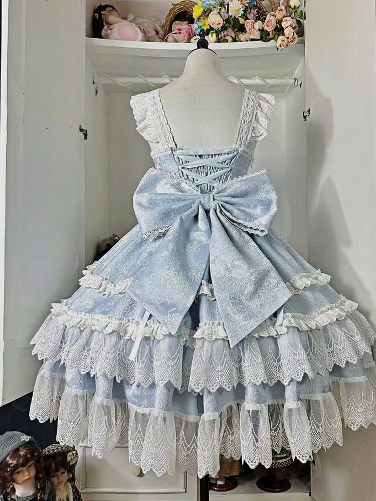 Blue and White Old School Lolita Fashion Dress Bowknot Detais JSK Set