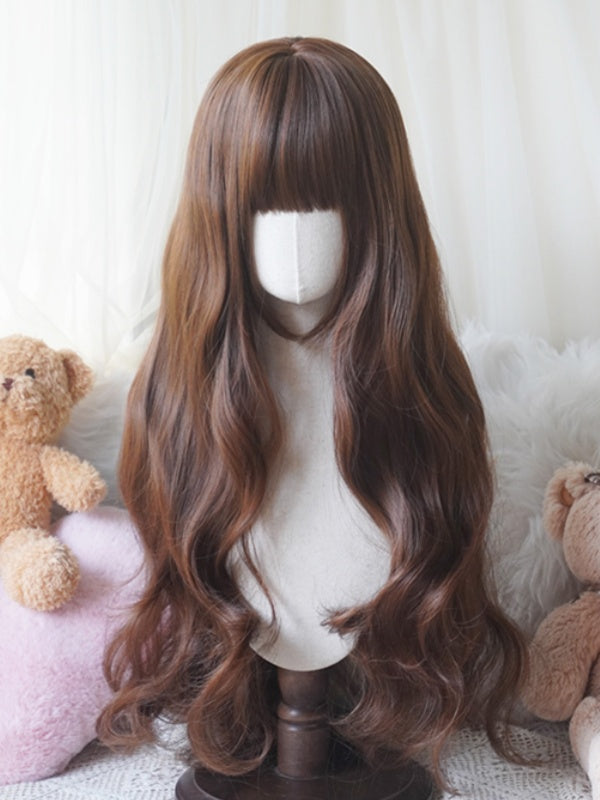 Perruque ondulée blonde/caramel/orange/blond clair, longueur mi-longue, avec frange complète
