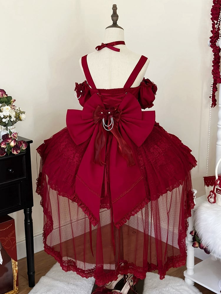 Waist Flower Basque Hem Fairy Skirt Dress Jumper Tiered Red Lolita Hanayome