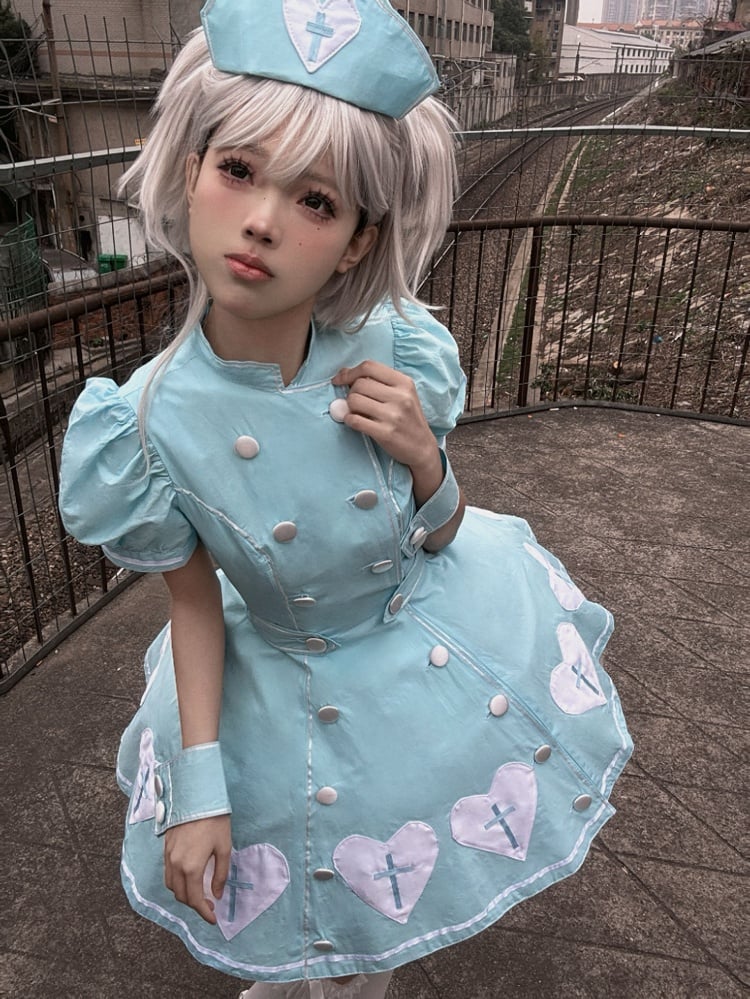 Heart Puff Patches Sleeves Lolita Blue White Dress Nurse Cross