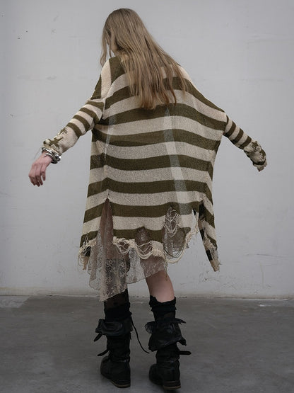Pattern Striped Punk Cardigan Wasteland Green