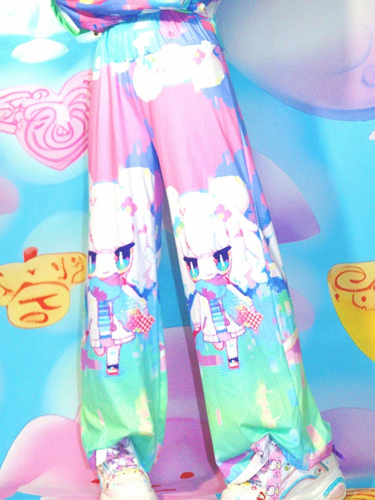 Y2K Gerade geschnittene Hose mit buntem Print und Cartoon-Muster