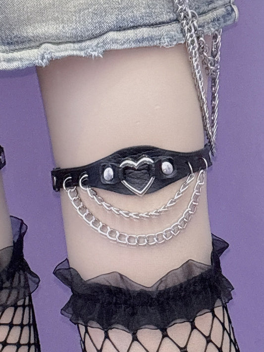 Heart Decorated Chain Glamorous PU Black/Pink/White Leg Charm Loop Studs Y2K