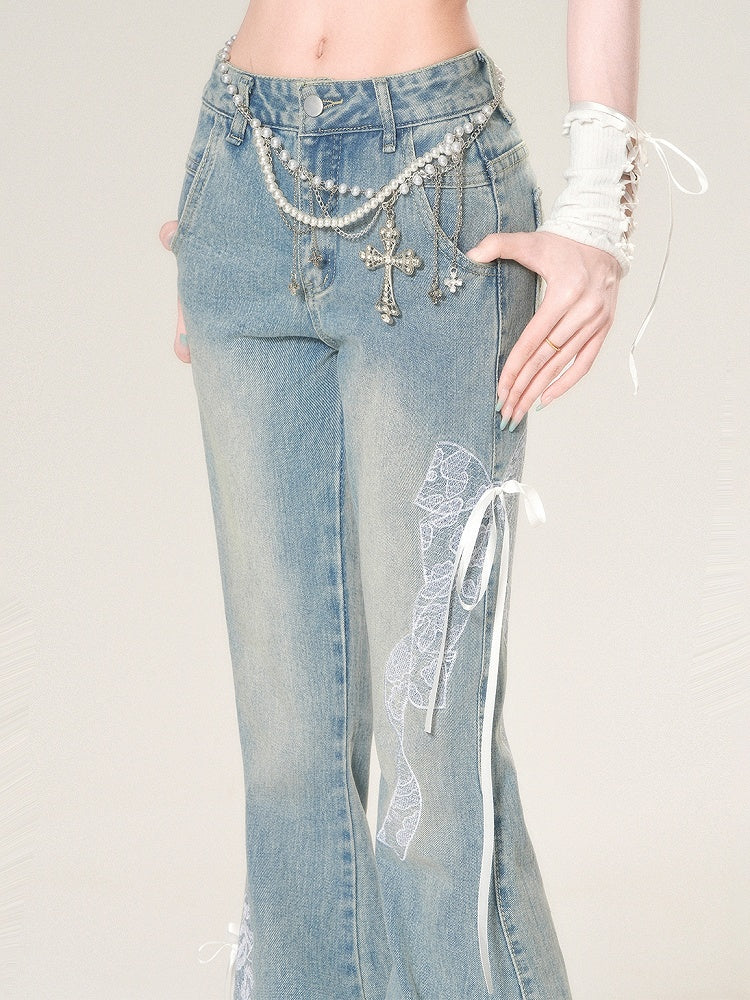 Bowknot Glamorous Flare Lace Embroidered Blue Jeans Silhouette