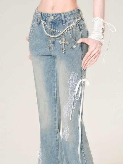 Bowknot Glamorous Flare Lace Embroidered Blue Jeans Silhouette