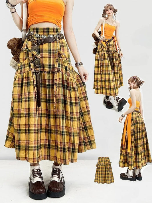 Y2K Details Plaid Bowknot Rock Muster Gelb