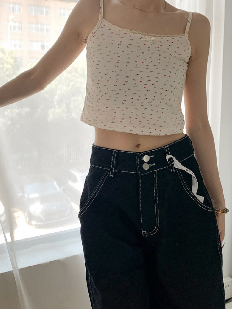 Top Cami Lace Print Bowknot Trim Beige/White Decorated Floral