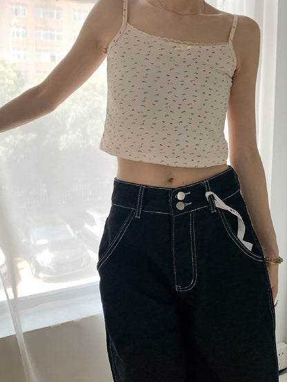 Top Cami Lace Print Bowknot Trim Beige/White Decorated Floral