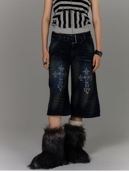 with Buckle Blue Print Faded Wash Glamorous Distressed Jeans Belt Cross