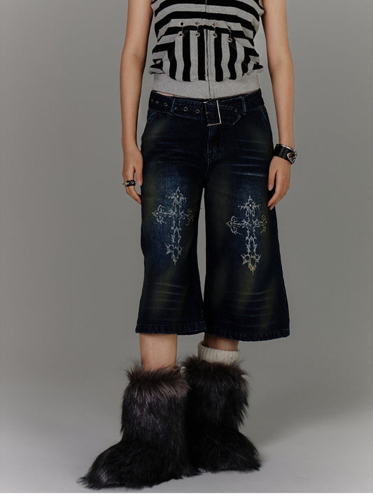 with Buckle Blue Print Faded Wash Glamorous Distressed Jeans Belt Cross
