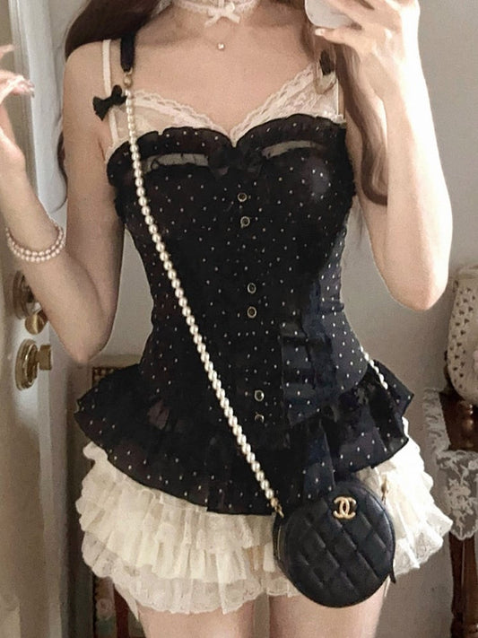 Corset Embroidery Bow Black Lace Bustier With Detachable Floral Ruffled