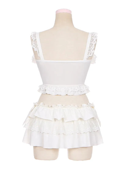 Details Tiered Trim White Bowknot Ruffle Skirt + Top Swimsuit