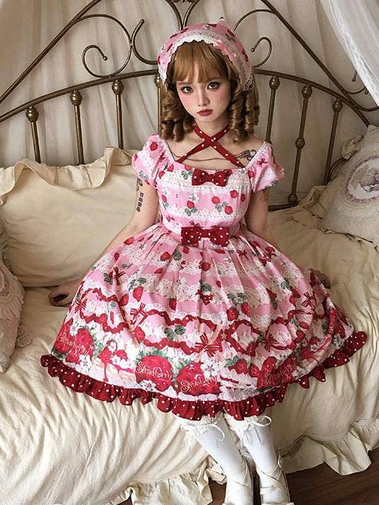 Pink Strawberry High Waist Sweet Lolita Dress