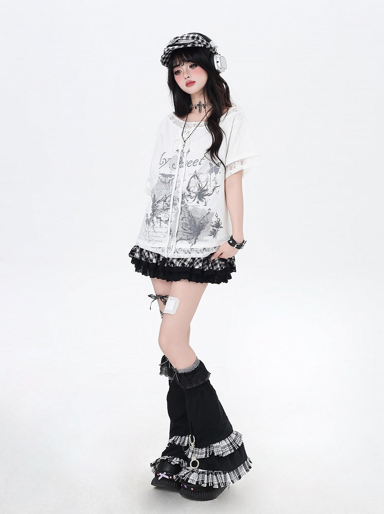 Black/White Graphic T-Shirt Hem Patches Asymmetrical Lace-up Neckline Lace