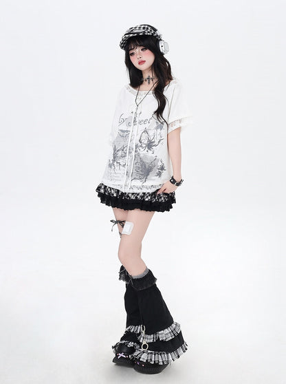Black/White Graphic T-Shirt Hem Patches Asymmetrical Lace-up Neckline Lace