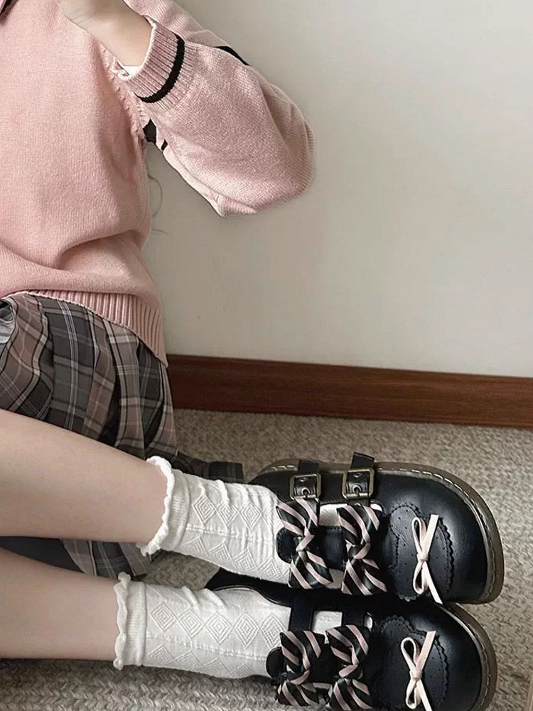 Bear Black Flats Bowknot Design Lolita Pattern Details Striped