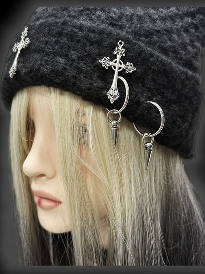 Y2K Black Cross Charms Studs Punk Cat Ears Beanie