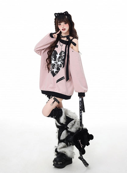 Pink Asymmetrical Neckline Self-tie Strap Heart and Cross Sweatshirt