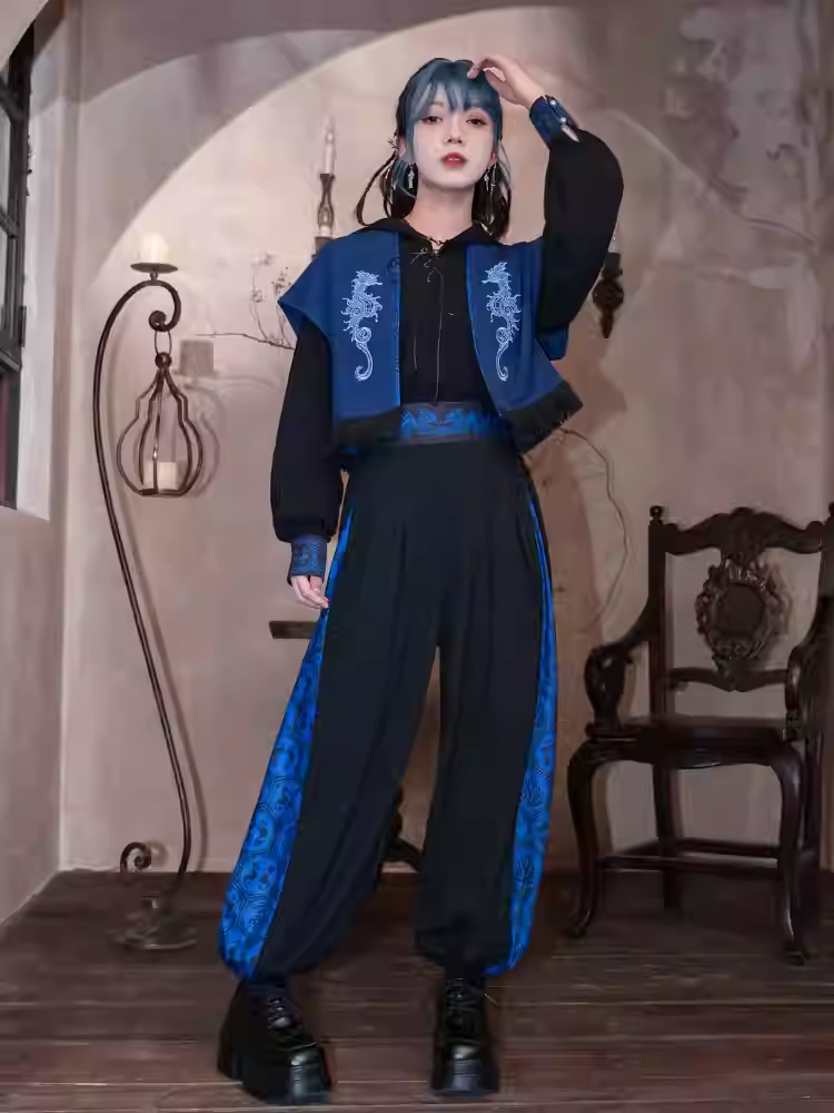 Blue Black Coral Drawsting Style	Wide-leg Cuff Pants Seahorse and Print Cheongsam
