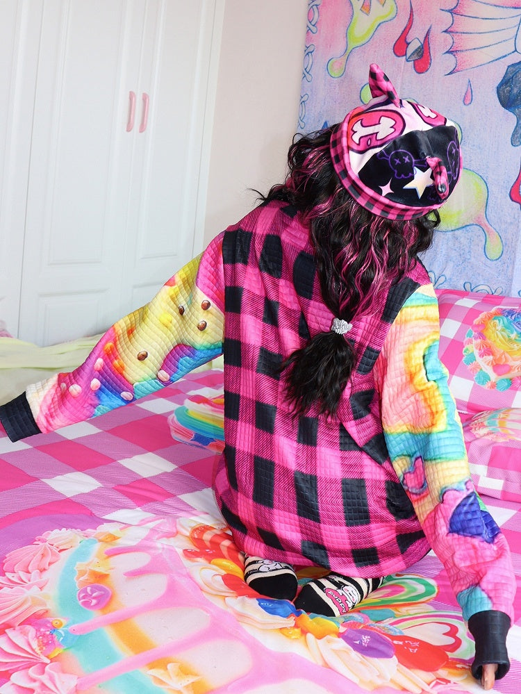 Star Plaid Print Sweatshirt Y2K Black Pattern