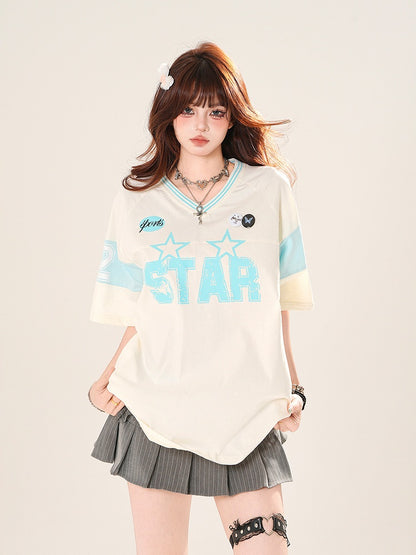 Black/White V-Neck Letter Print Blokette Core T-Shirt