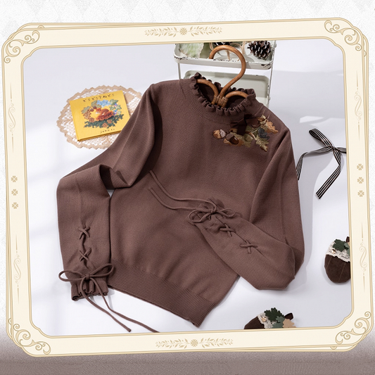 Lace-up Brown Pinecone Knit Cuffs Top Neckline Embroidery Autumn