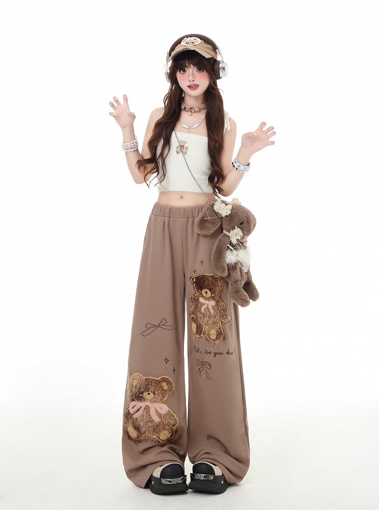 Coffee/Gray Plush Teddy Bear Applique Straight-Leg Pants