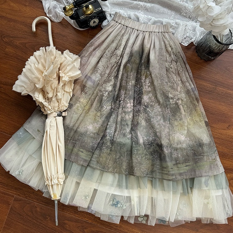 Jupe Lolita en tulle à imprimé floral et peinture à l'huile verte