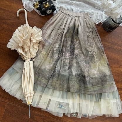 Jupe Lolita en tulle à imprimé floral et peinture à l'huile verte