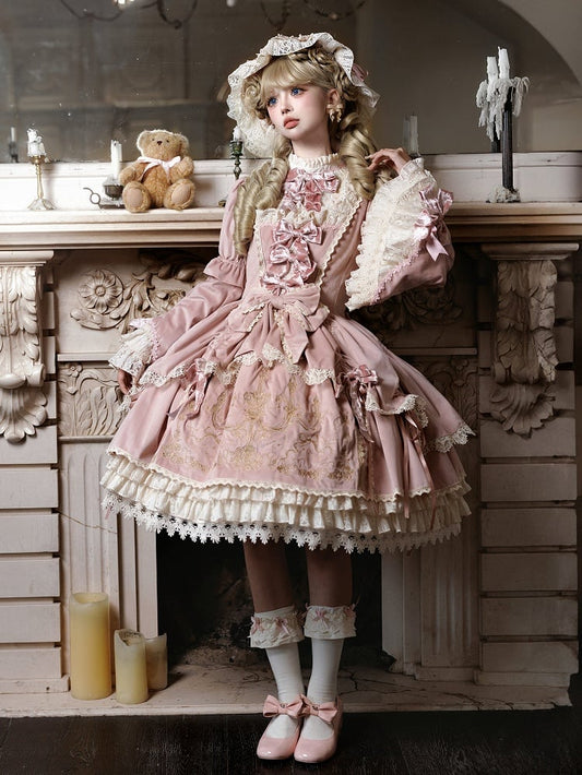 and Embroidery Candlestick Candle Bell Dress Pink Sleeves Velvet