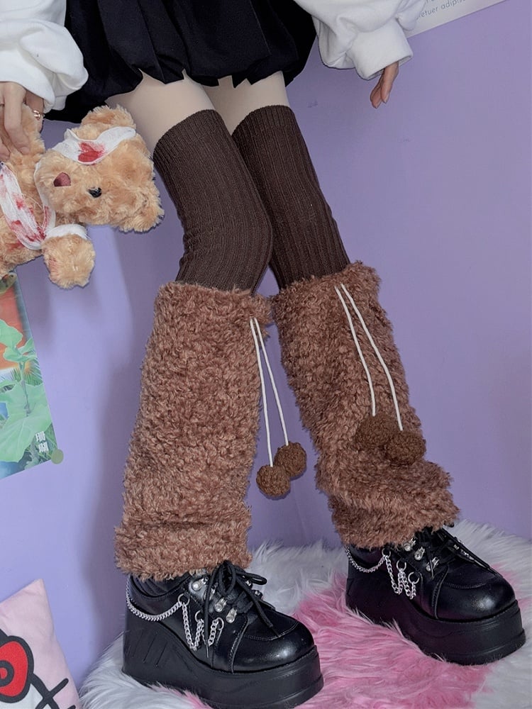 Knitted 4 Warmers Plush Pompons Color Y2K Options Leg