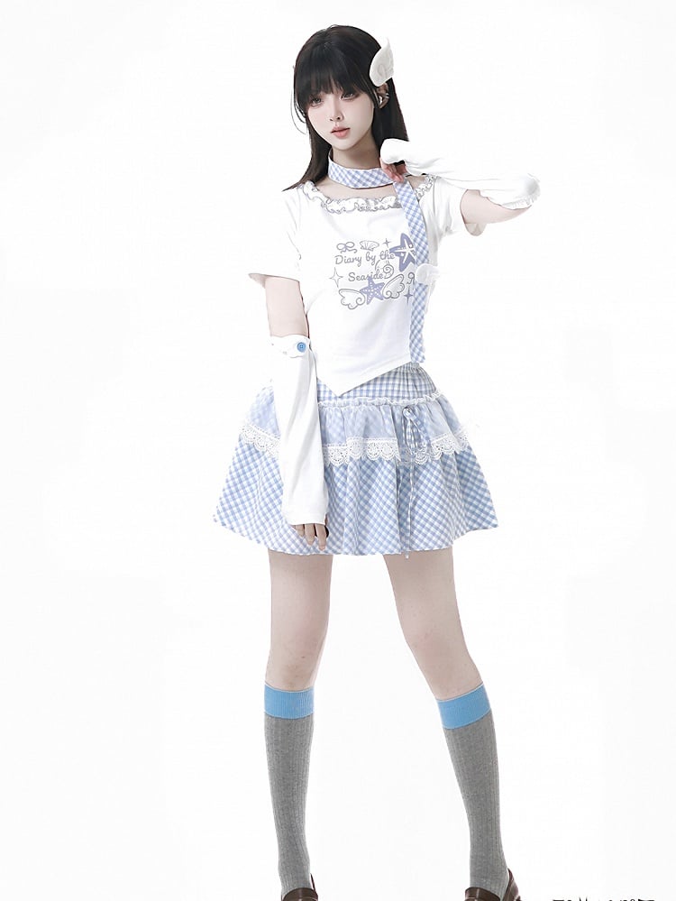 ホワイトボタンエンジェルアームウェアアクセントウィングブルー/ピンク