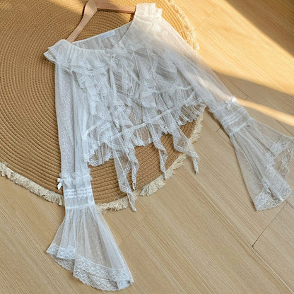 Sheer Dotted Cascading Trim Top White Ruffle Tulle Sleeves Long