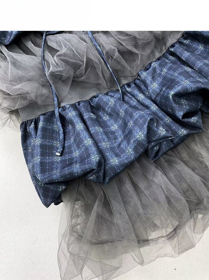 Blue Plaid Pattern Patchwork Design Tiered Bubble Skirt