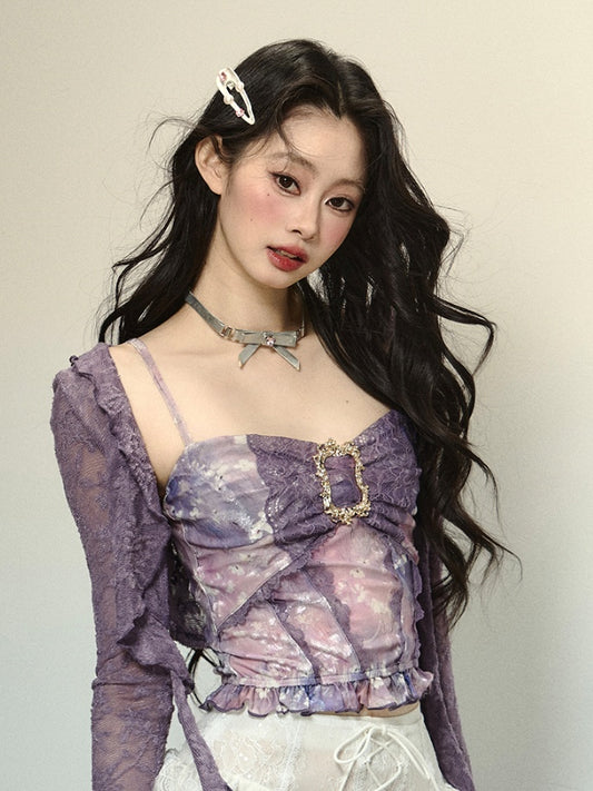 Lavender Oil Painting Lace Bow Ruffled Trim Glamorous Cropped Cami Top