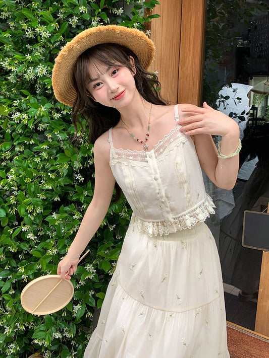 Kei Buttons Beige Floral Embroidery Lace Trim Floral Mori Cami Top
