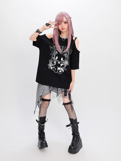 Cat Print Loose T-Shirt Y2K Black Cutout Shoulder Bittersweet