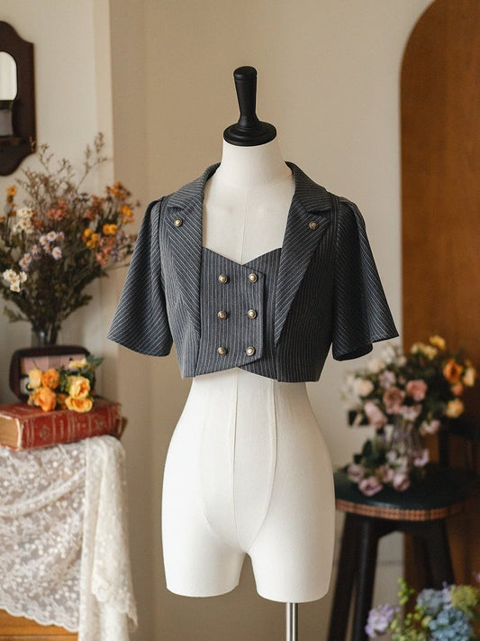 Dark Dusty Blue Blazer Collar Retro Fashion Cropped Top
