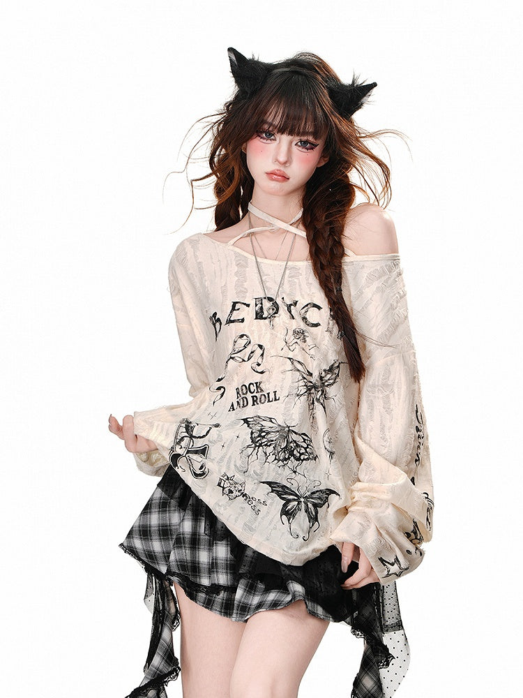 Asymmetrical Neckline Butterfly Print Distressed Holes Apricot/Gray Halter Neck Top