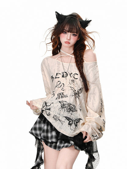 Asymmetrical Neckline Butterfly Print Distressed Holes Apricot/Gray Halter Neck Top