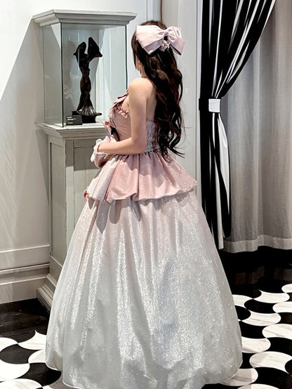 Shimmering Gradient Pink Halter Neck Sweetheart Neckline Top + Long Skirt Birthday Ball Gown