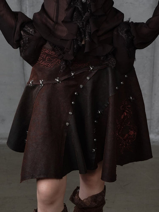 Asymmetrical Skirt Punk Reddish with Embroidery Wasteland Hem Brown Floral Suede