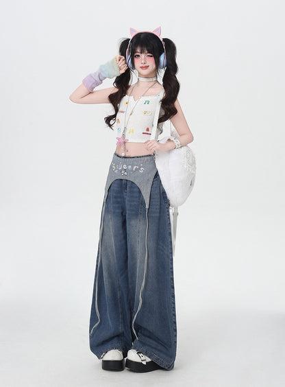 Blue Low Waist Wide-leg Jeans with Letter Embroidery