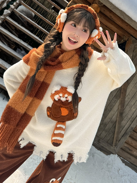 White Cute Red Panda Adorned Distress Trim Loose Sweater