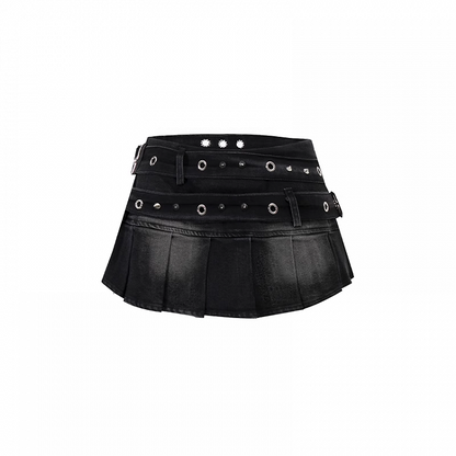 Straps Mini Pleated Denim Skirt Waist Studded Buckle Black Low